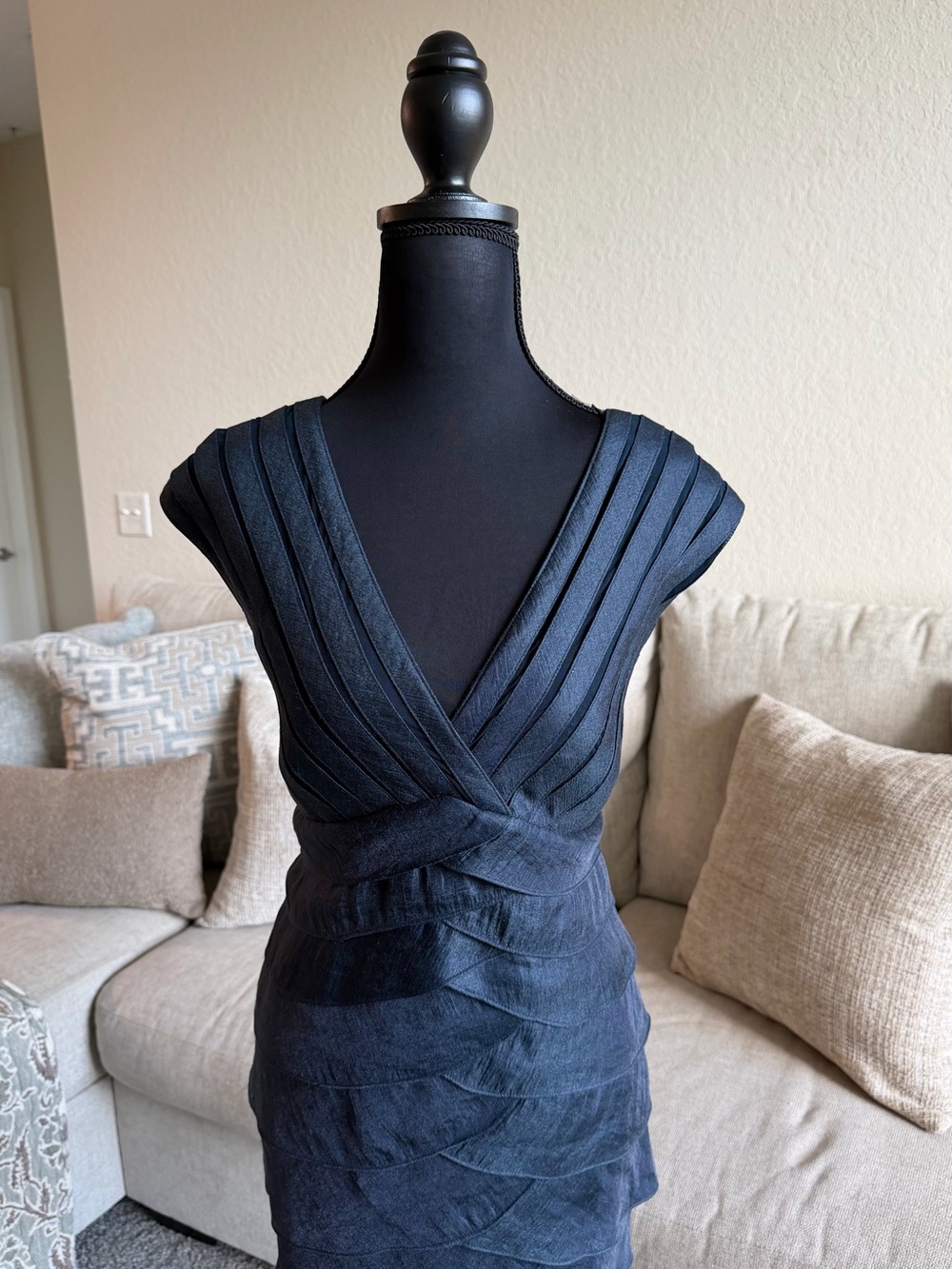 Xscape Navy Paneled V‑Neck Midi Dress